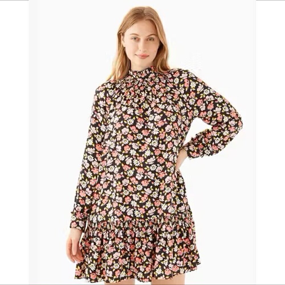 Kate Spade Road Trip floral shift dress smocked long sleeve ruffle black pink XS